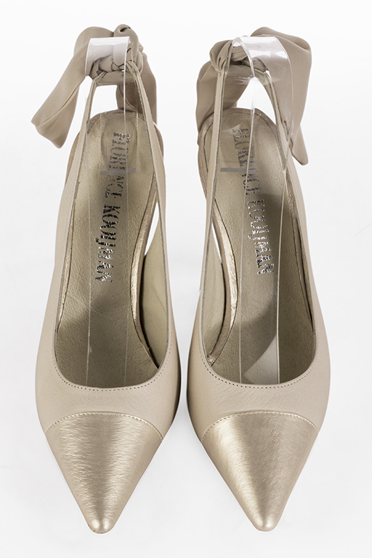 Gold and champagne white women's slingback shoes. Pointed toe. High slim heel. Top view - Florence KOOIJMAN